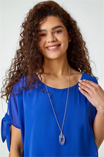 Blue Chiffon Layered Tie Detail Top With Necklace