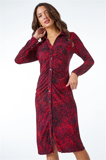 Red Ruched Front Stretch Leopard Print Dress