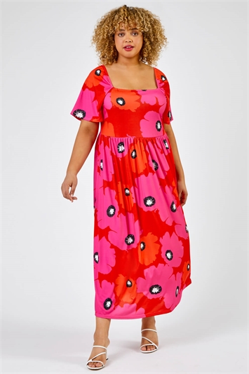 Red Curve Floral Print Square Neck Midi Dress, Image 4 of 6