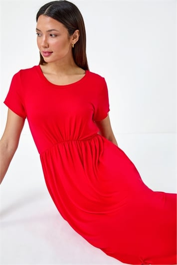 Red Stretch Gathered Pocket T-Shirt Dress