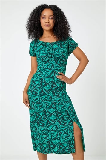 Ruched Waist Jersey Midi Dress - Black, Exotic Leaves