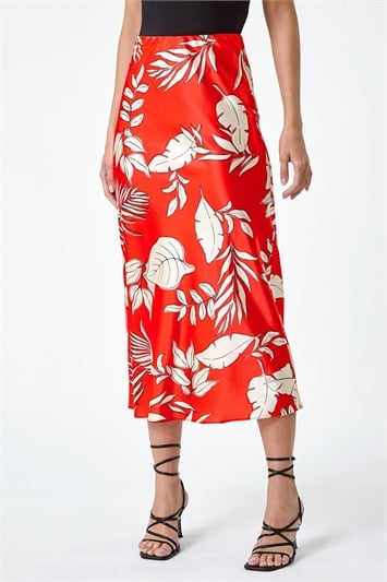 Orange Floral Satin Elastic Waist A Line Midi Skirt