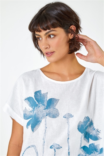 Blue Embellished Floral Print Tunic Top