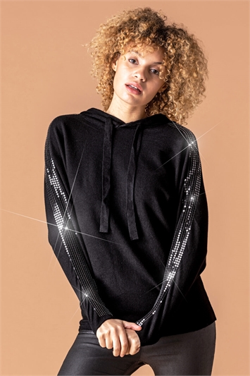 Black Sequin Embellished Knitted Hoodie, Image 1 of 4