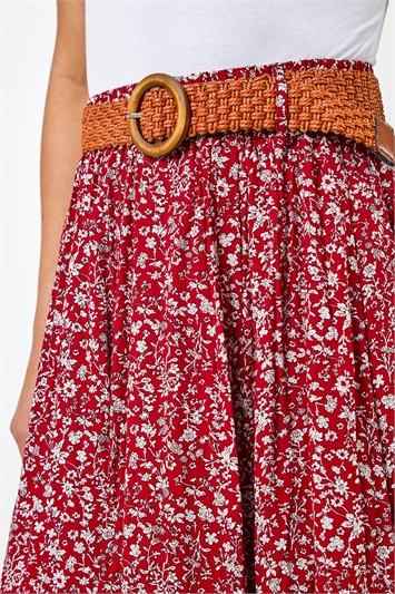 Red Ditsy Floral Belted Midi Skirt, Image 5 of 5