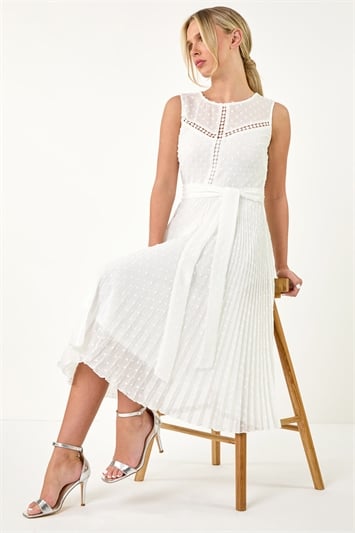 White Petite Textured Spot Pleated Dress