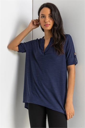 Navy Textured Notch Neck Top, Image 4 of 5