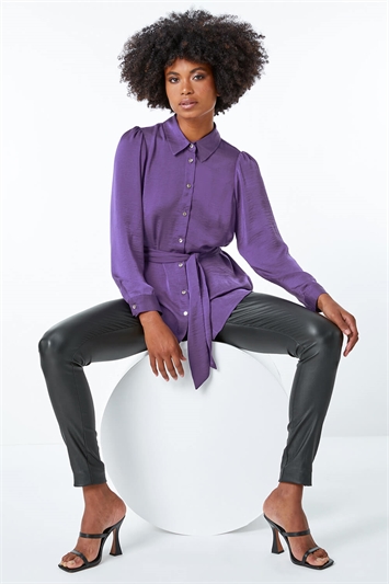 Purple Hammered Satin Belted Tunic Shirt