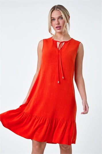 Orange Petite Linen Blend Tie Frill Hem Dress