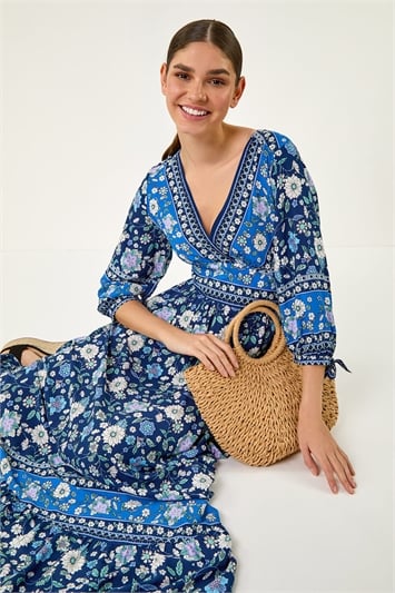 Blue Floral Print Frill Hem Maxi Dress