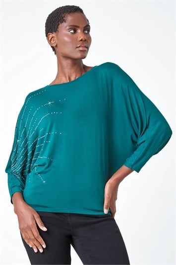 Green Diamante Embellished Relaxed Stretch Top