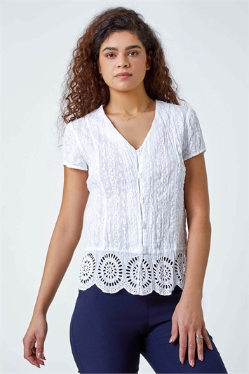 White Cotton Embroidered Crinkle Blouse
