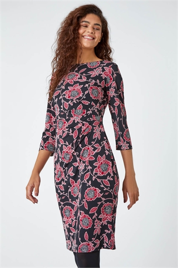 Red Floral Print Ruched Waist Stretch Dress