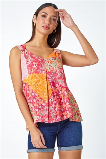Red Patchwork Print Button Cami Top