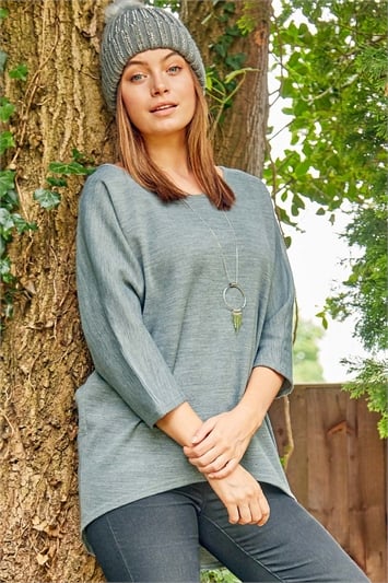 Light-Grey Necklace Detail Batwing Slouch Lounge Top