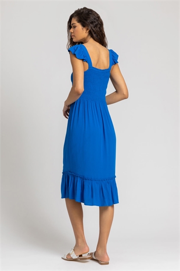 Royal Blue Shirred Bodice Frill Detail Midi Dress, Image 2 of 5