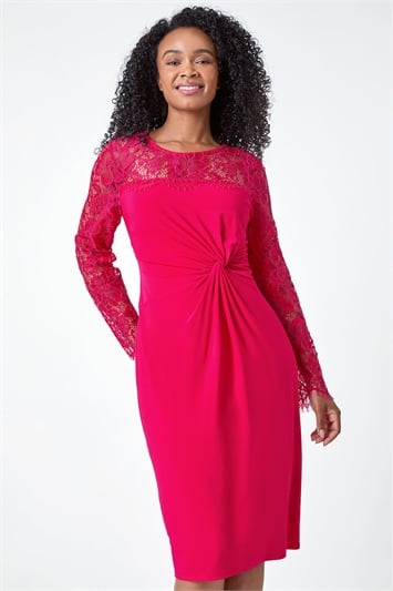 Pink Petite Lace Detail Knot Front Bodycon Dress