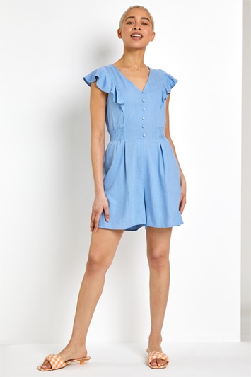 Blue Frill Detail Linen Playsuit, Image 5 of 5