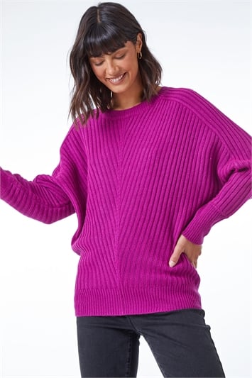 Pink Ribbed Batwing Knitted Jumper