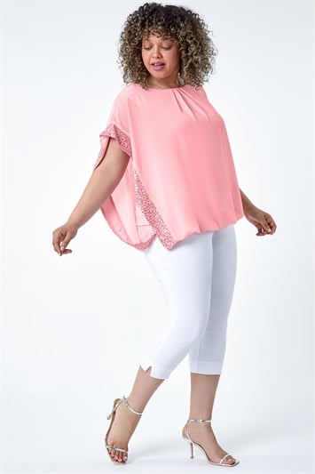 Pink Curve Sequin Trim Chiffon Overlay Top