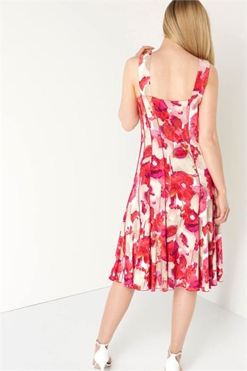 Red Floral Printed Panel Dress, Image 2 of 4