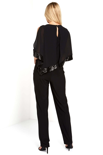 Black Sequin Trim Overlay Jumpsuit, Image 3 of 5