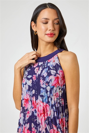 Navy High Neck Floral Print Pleated Swing Dress, Image 5 of 5