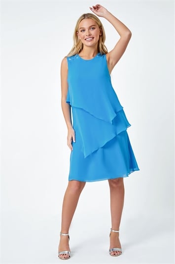Blue Petite Embellished Chiffon Tiered Shift Dress