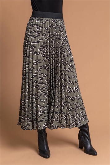 Khaki Animal Print Pleated Maxi Skirt, Image 2 of 5