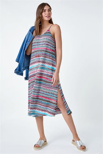 Pink Aztec Stripe Stretch Pocket Midi Dress