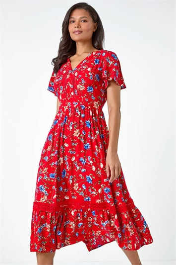 Red Floral Lace Trim Pocket Midi Dress
