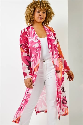 Fuchsia Curve Tropical Print Longline Kimono 