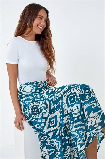 Blue Petite Aztec Print Cotton Midi Skirt