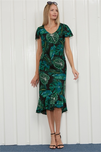 Black Julianna Tropical Leaf Print Bias Cut Dress