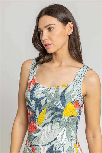 Khaki Tropical Print Fit And Flare Dress, Image 4 of 4