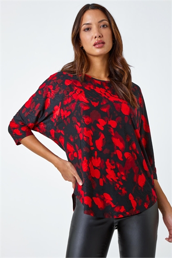 Red Abstract Raglan Sleeve Stretch Top