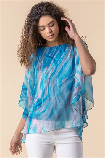 Turquoise Abstract Print Chiffon Top, Image 1 of 4