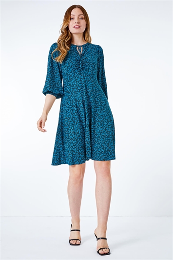 Teal Ditsy Floral Ruched Detail Dress , Image 2 of 5
