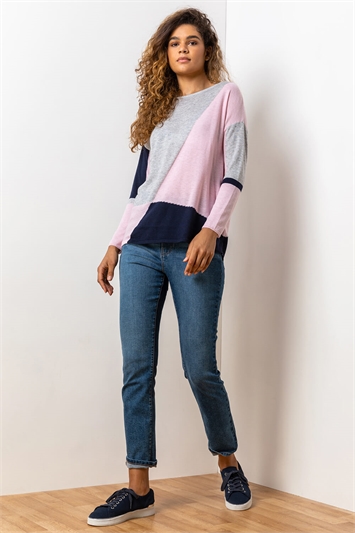 Pink Colour Block Round Neck Jumper, Image 4 of 5