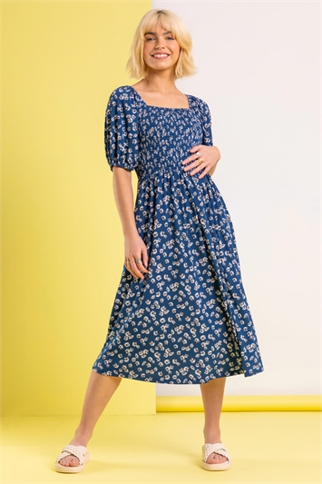 Blue Ditsy Floral Shirred Midi Dress, Image 3 of 5