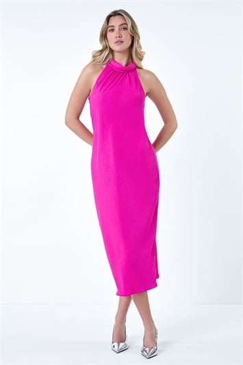 Pink Plain Woven Halterneck Midi Dress
