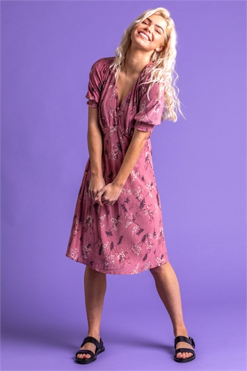 Pink Floral Shirred Cuff Tea Dress, Image 3 of 4