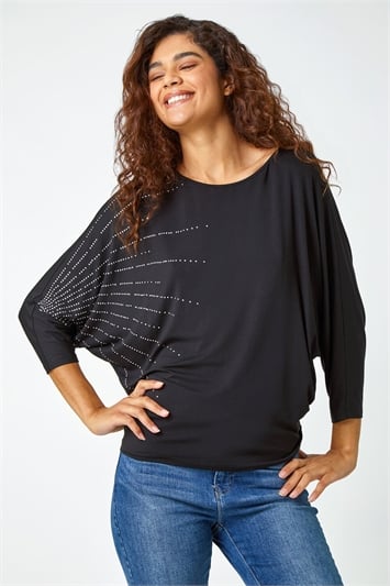 Black Embellished Relaxed Stretch Top