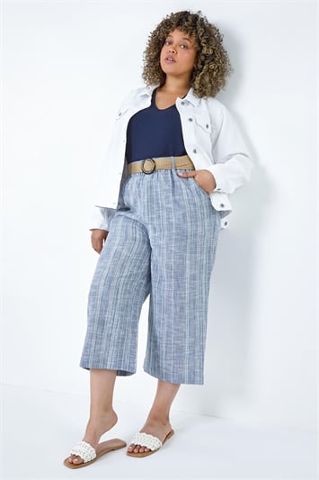 Blue Curve Cotton Stripe Belted Crop Trousers