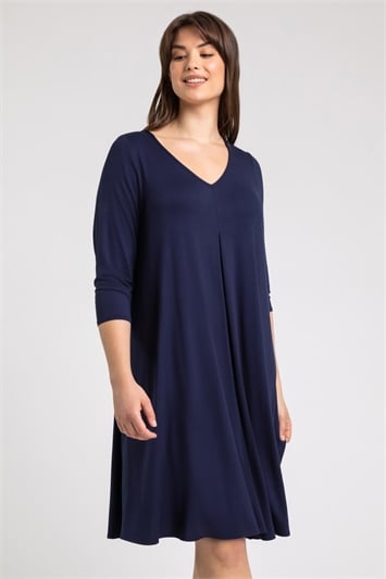 Blue Curve Pleat Front Jersey Midi Dress