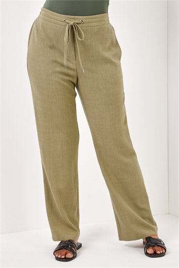 Khaki Petite Linen Tie Front Trousers, Image 2 of 4