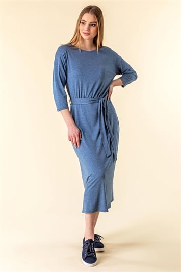 Light Blue Belted Jersey Midi Dress