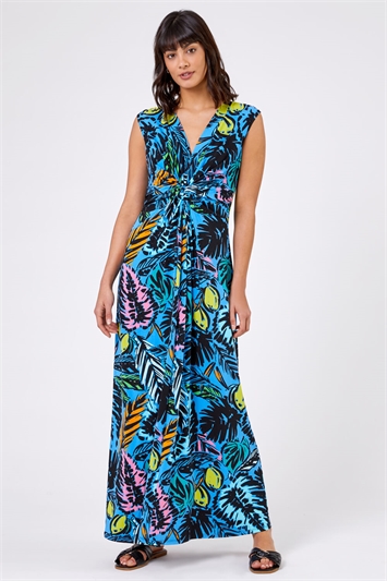 Multi Palm Print Twist Waist Maxi Dress