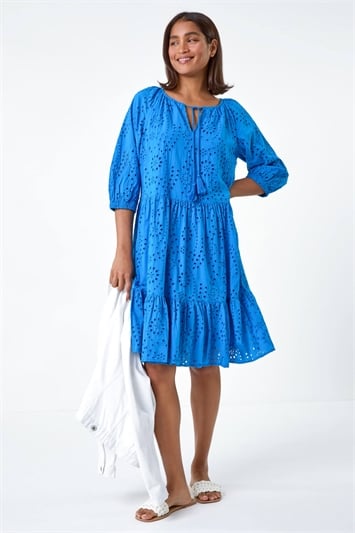 Blue Cotton Broderie Tiered Smock Dress