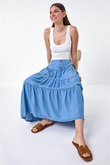 Blue Denim Wash Tiered Maxi Skirt